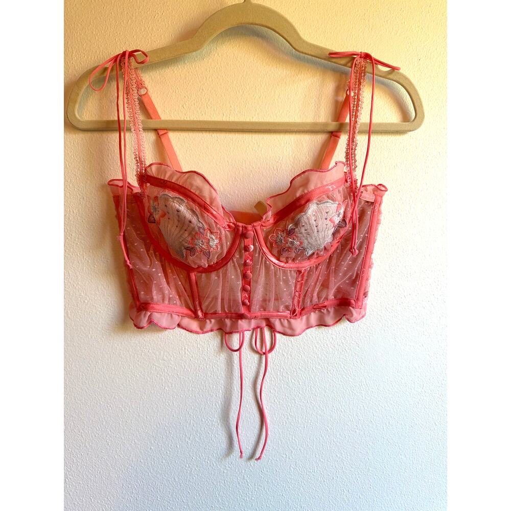 For Love & Lemons Mesh Bustier Crop Top Pink Scalloped Seashell Corset | Size S